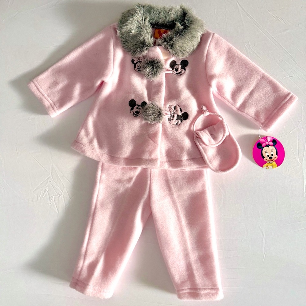 Vintage Y2K Disney Baby Mickey Minnie Pink Fleece Set Faux Fur Coat Pants 12M